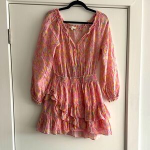 LoveShackFancy Popover Pink Floral Ruffle Tiered Long Sleeve Dress